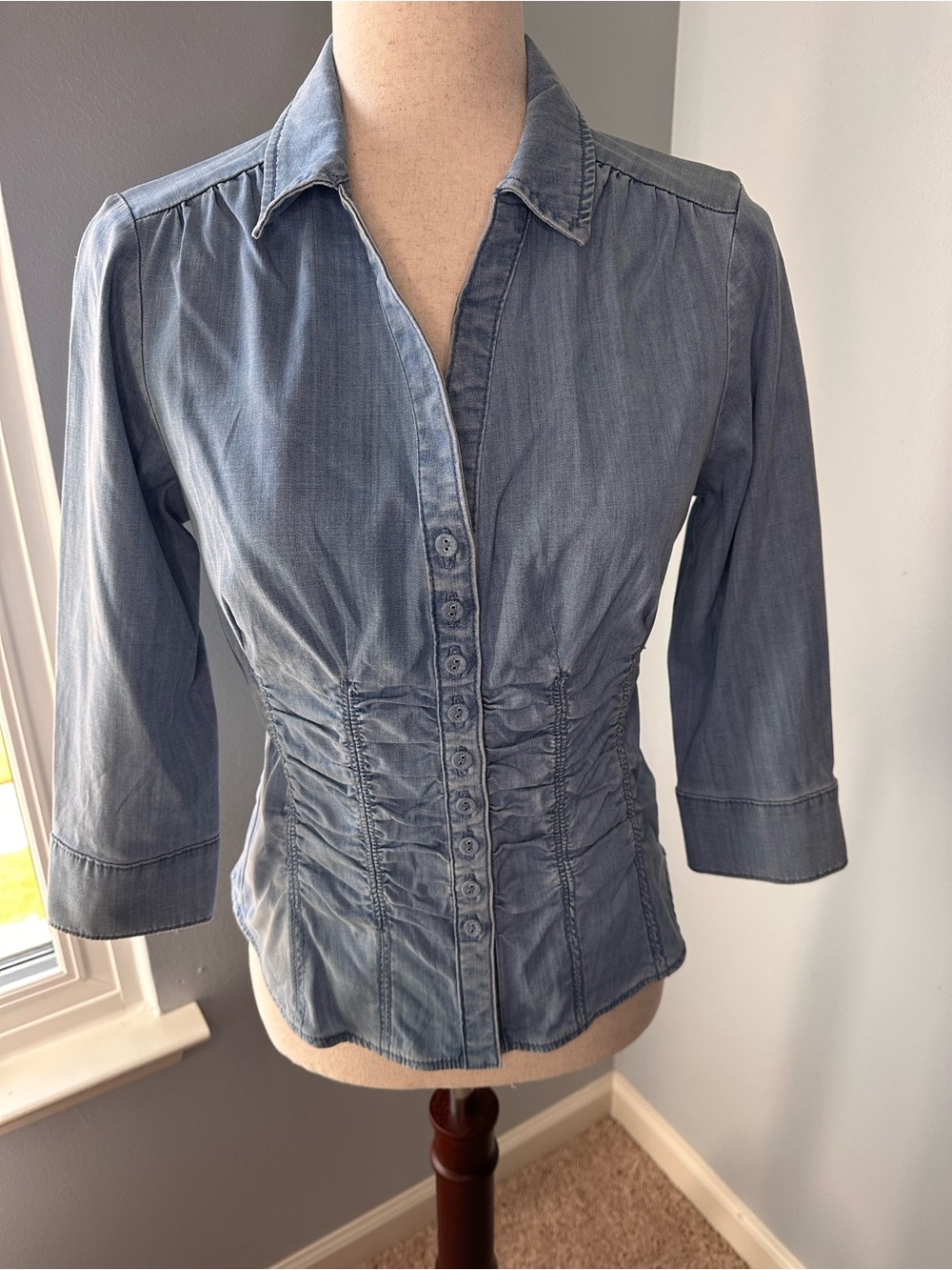 White House Black Market Ruched Denim Button Down Shirt